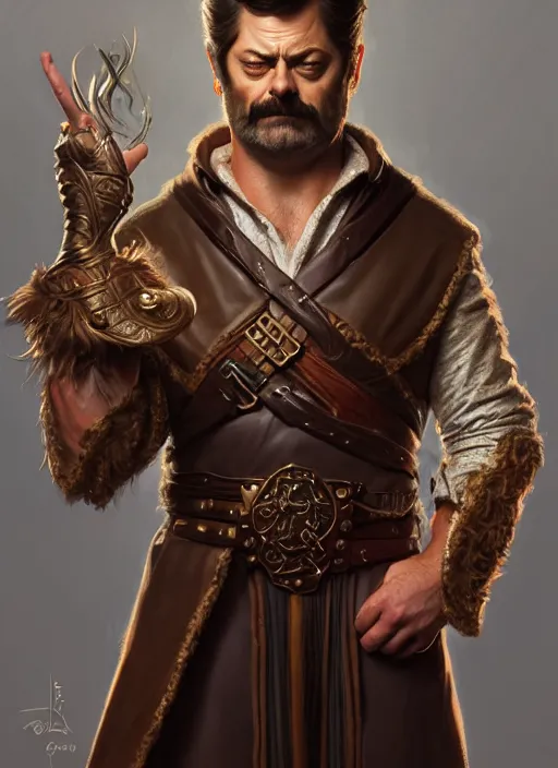 Image similar to portrait of nick offerman, d & d, leather robes, muscular, fantasy, intricate, elegant, highly detailed, digital painting, artstation, concept art, smooth, sharp focus, illustration, art by artgerm and greg rutkowski and alphonse mucha