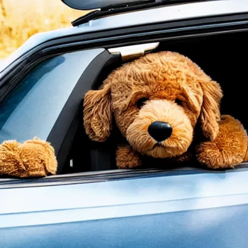 Prompt: A photo of a goldendoodle sleeping on the backseat of a car with a teddy bear next to it