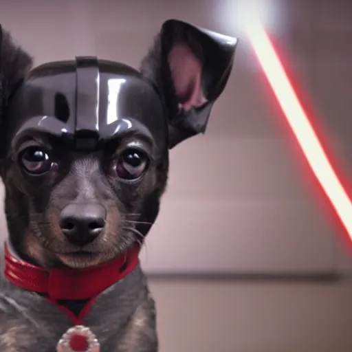 Image similar to a movie capture of a darth vader chiweenie, cinematic