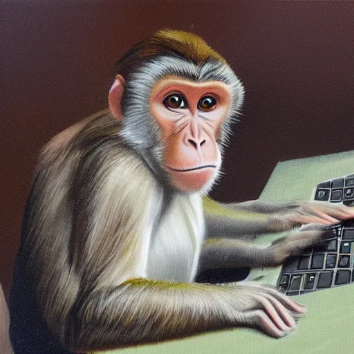 Prompt: monkey typing on computer keyboard, oil painting, detailed