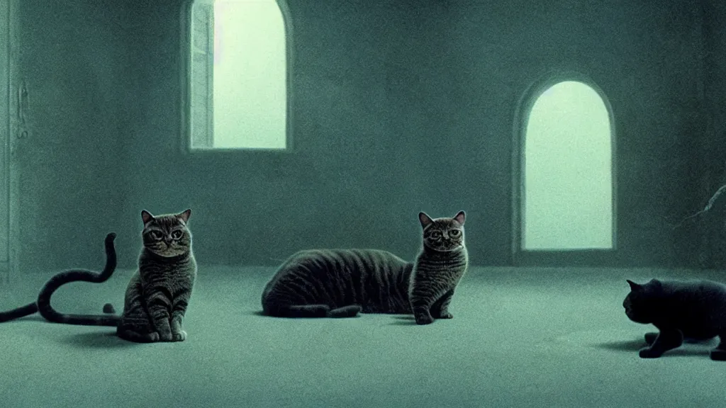 Image similar to the forbidden cat, film still from the movie directed by denis villeneuve and david cronenberg with art direction by salvador dali and zdzisław beksinski, wide lens