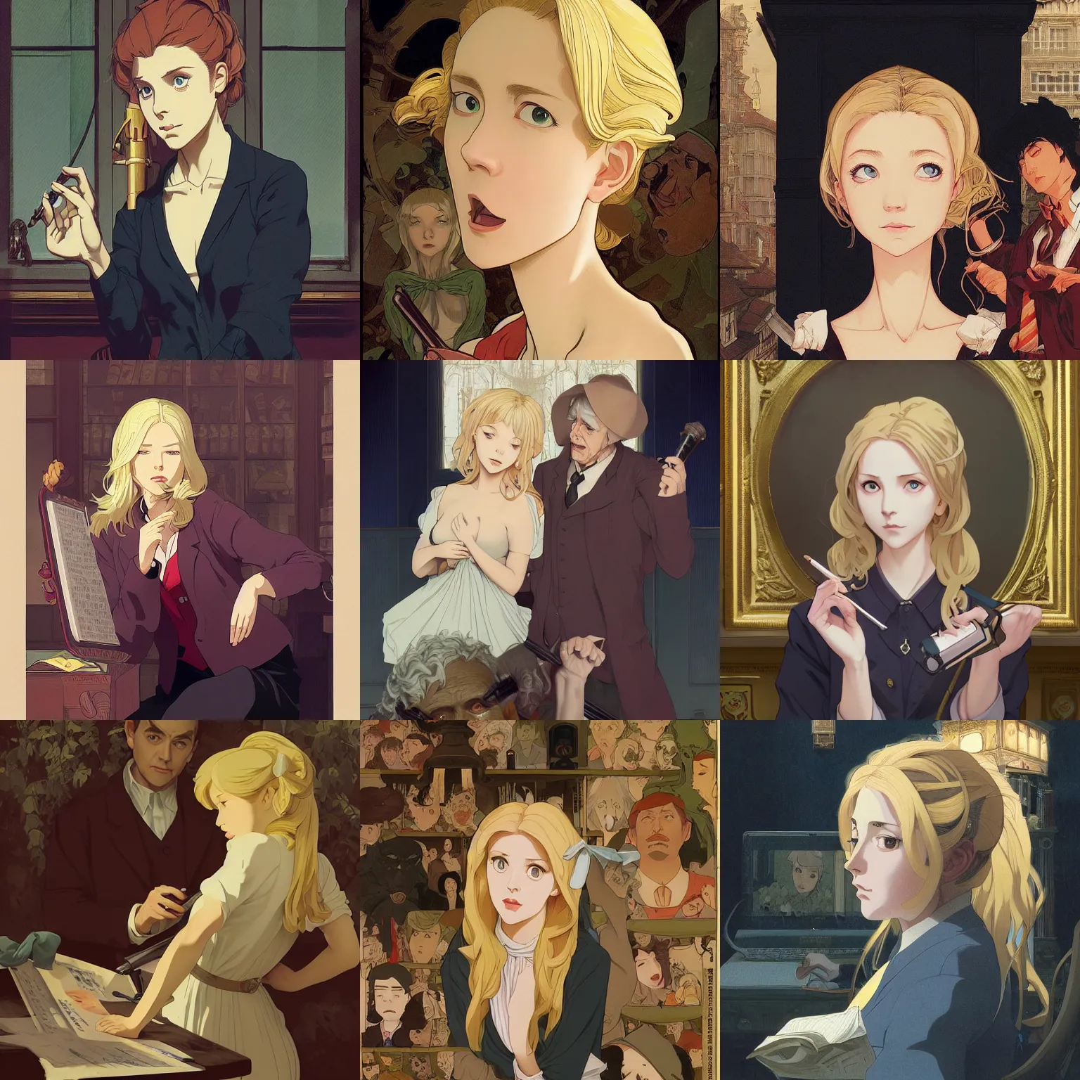 Prompt: portrait of a journalist investigating a haunted mansion, blonde, horror, finely illustrated face, highly detailed, baroque oil painting, studio ghibli, tankobon, in the style of ilya kuvshinov and krenz cushart and william - adolphe bouguereau and alphonse mucha