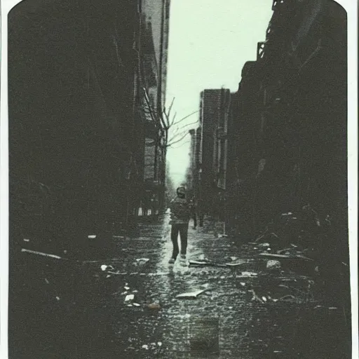 Image similar to old polaroid of a artificial intelligence walking on a destroyed city, rain, dark sky