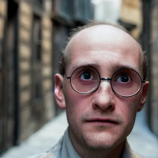 Prompt: closeup portrait Harry Potter in a diagon alley, by Steve McCurry and David Lazar, natural light, detailed face, CANON Eos C300, ƒ1.8, 35mm, 8K, medium-format print