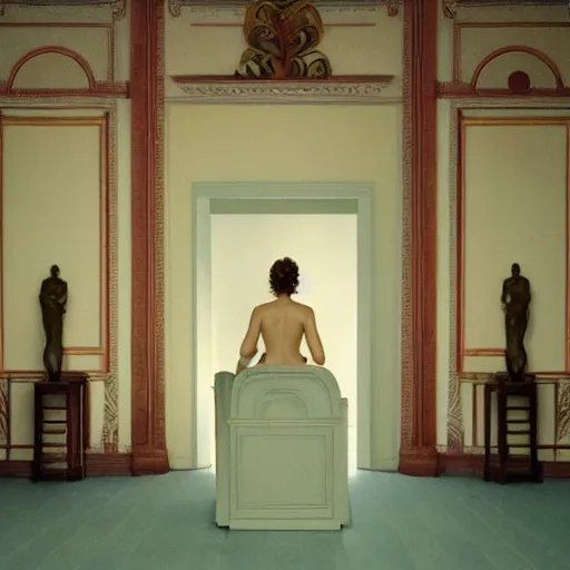 Image similar to a goddess in a liminal room, film still by wes anderson, depicted by canova, limited color palette, very intricate, art nouveau, highly detailed, lights by hopper, soft pastel colors, minimalist