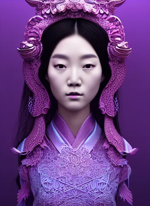 Image similar to 3 d goddess medium shot profile portrait. beautiful intricate highly detailed korean gumiho mask and traditional korean hanbok. stingray, magpie, bio luminescent, plasma, lava, ice, water, wind, creature, purple fog, artwork by tooth wu and wlop and beeple and greg rutkowski, trending on artstation,