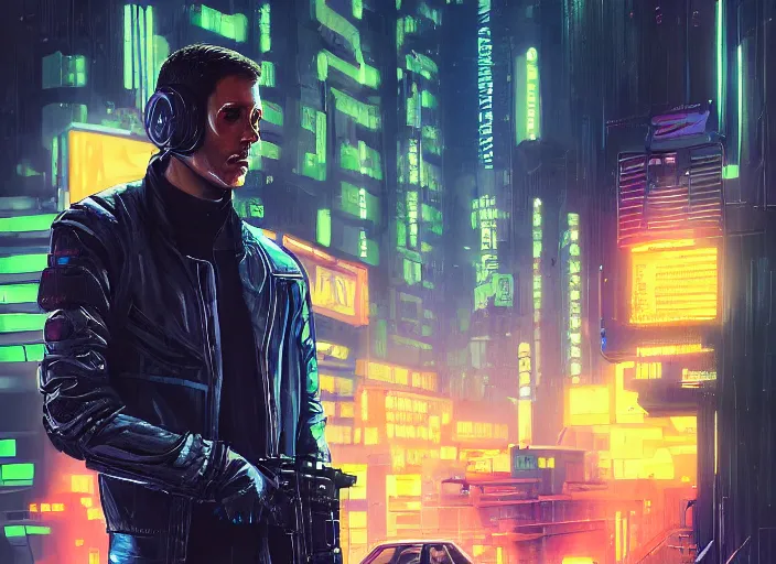 Image similar to ezra flees sgt griggs. cyberpunk hacker evading menacing cops ( blade runner 2 0 4 9, dystopian, cyberpunk 2 0 7 7 character design ). portrait by james gurney and laurie greasley, oil on canvas. cinematic, hyper realism, realistic proportions, anatomy, dramatic lighting, high detail 4 k