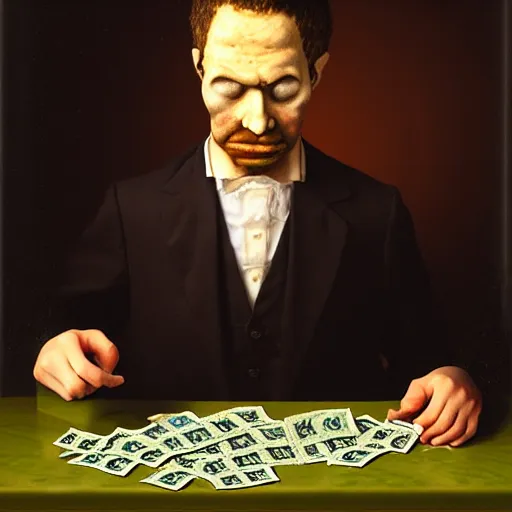 Image similar to portrait of a broken man eating money, wax figure