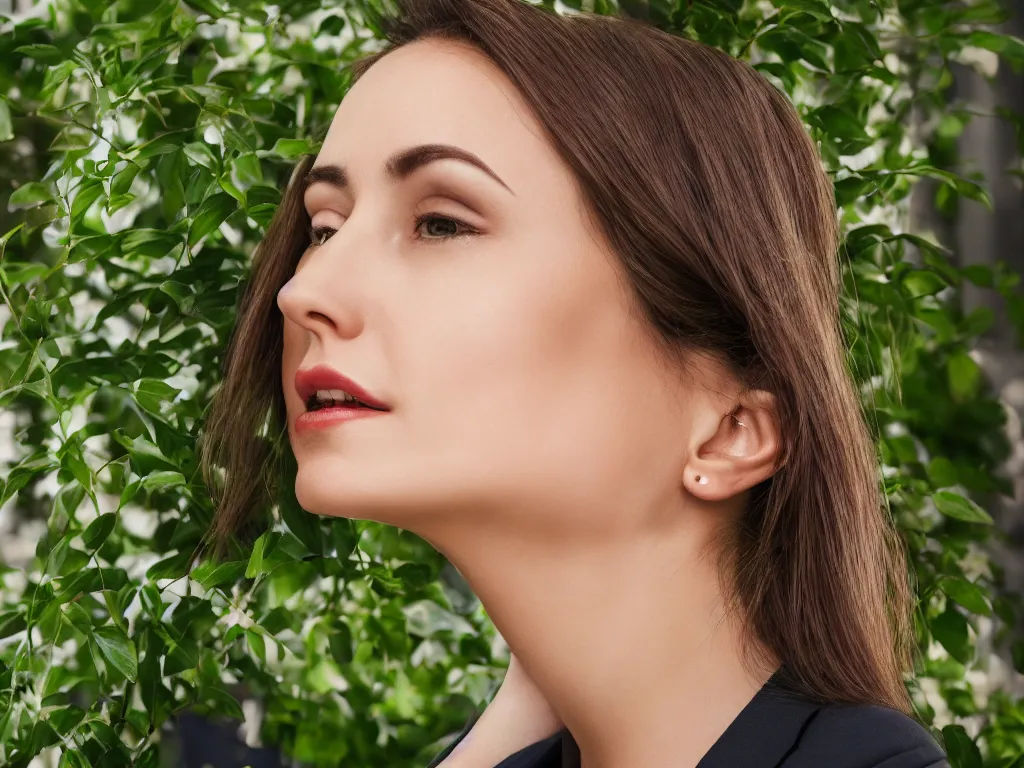 Image similar to woman thinking, close up, head tilted, wearing business suit, portrait pose, beside window, green foliage in background, bokeh, backlighting, stock photo, 4k, octane render, photorealistic