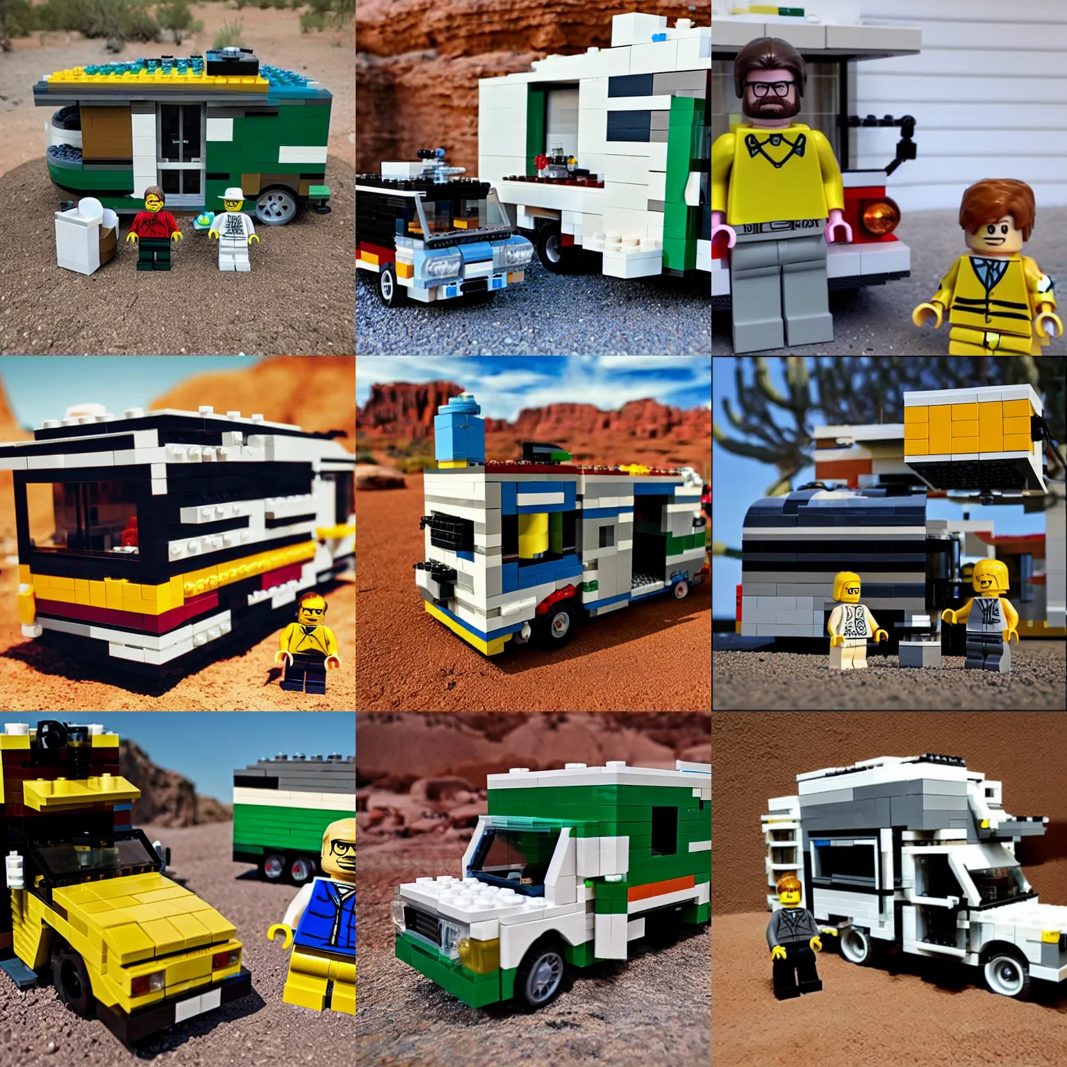 Prompt: realistic lego set of walter white from breaking bad with his rv in arizona desert