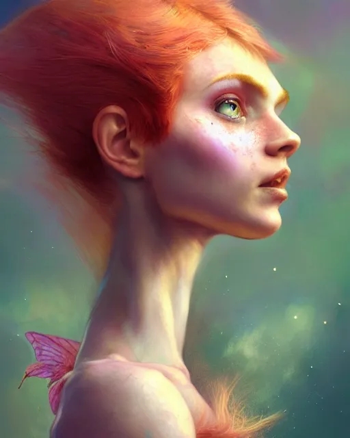Prompt: female pixie, perfect face, thin wings, pink halter top, ginger hair, abs, cinematic, freckles, stunning, athletic, strong, agile, highly detailed, psychedelic, digital painting, artstation, smooth, hard focus, illustration, art by jessica rossier and and brian froud