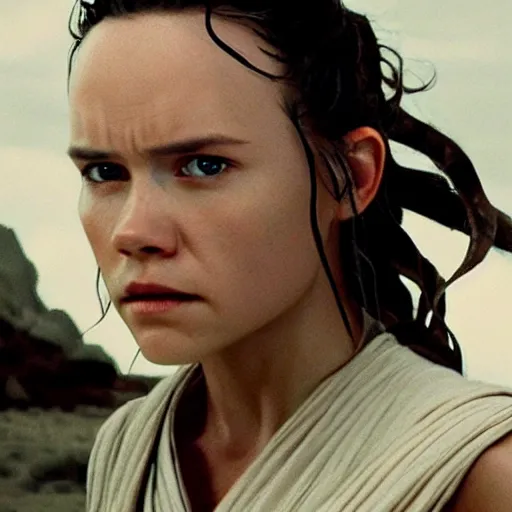 Prompt: a film still of rey skywalker in star wars realistic, detailed