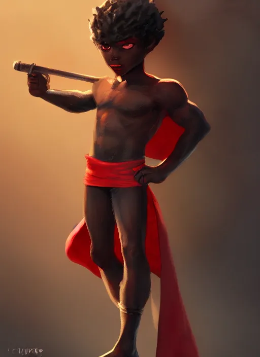 Prompt: a highly detailed illustration of a little black boy, shirtless, red loincloth and has only one leg, red hood and a pipe smoking in his mouth, cute, highly detailed, centered, digital painting, artstation, concept art, smooth, sharp focus, league of legends concept art, wlop
