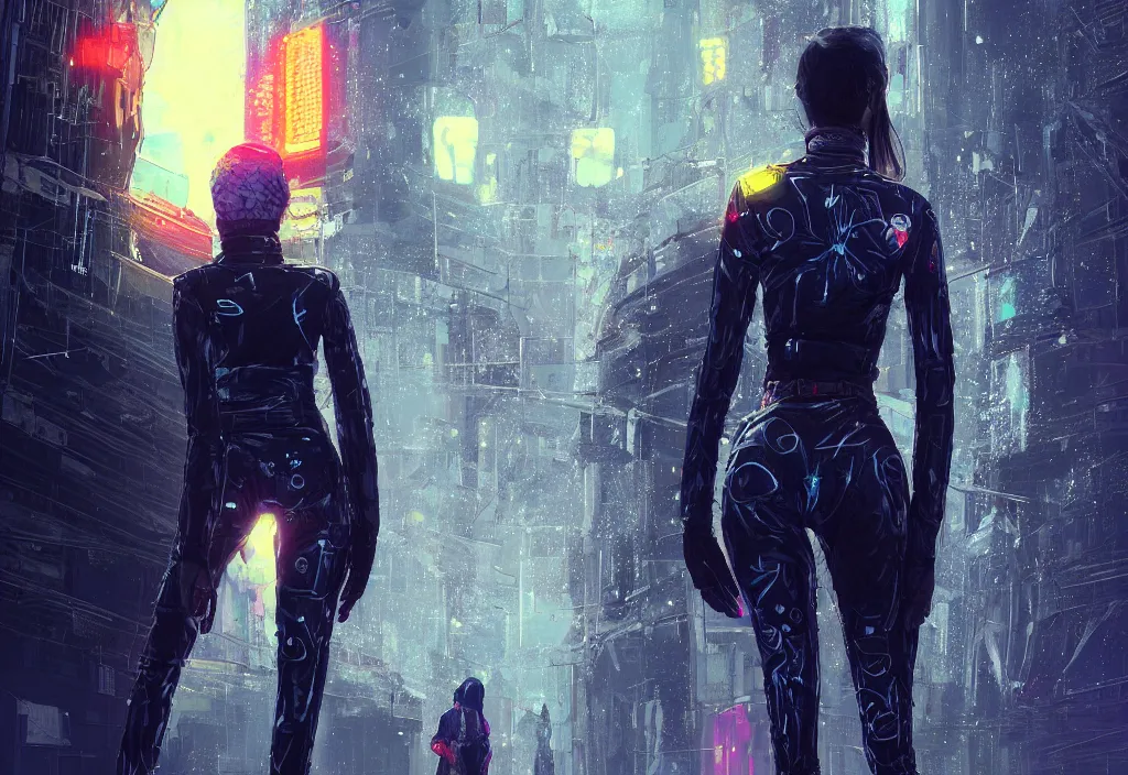 Image similar to skill magic deepdream guard girl cyberpunk futuristic, reflective puffer jacket, black leggings from the back radiating a glowing aura by ismail inceoglu dragan bibin hans thoma, perfect face, fine details, realistic shaded, fine - face, pretty face