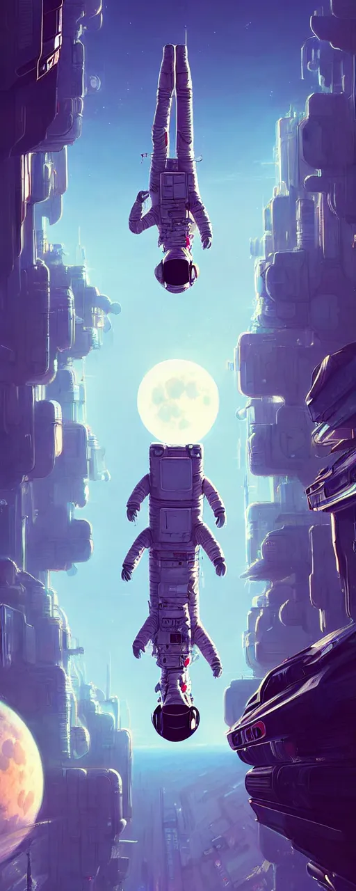 Image similar to A picture of an astronaut floating upside down close to the camera in a cyberpunk surreal city with a full moon by Jordan Grimmer, Jean Giraud and Neil Blevins trending on artstation