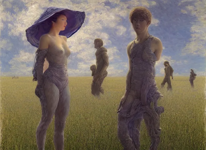 Prompt: people exterior futuristic field, figures, in the style of jeremy enecio, intricate, miles johnston, monet, cynical realism, john william godward, painterly, yoshitaka amano, miles johnston, louise zhang, matt murphy, enes dirig, pekka halonen, finnish naturalism, realism