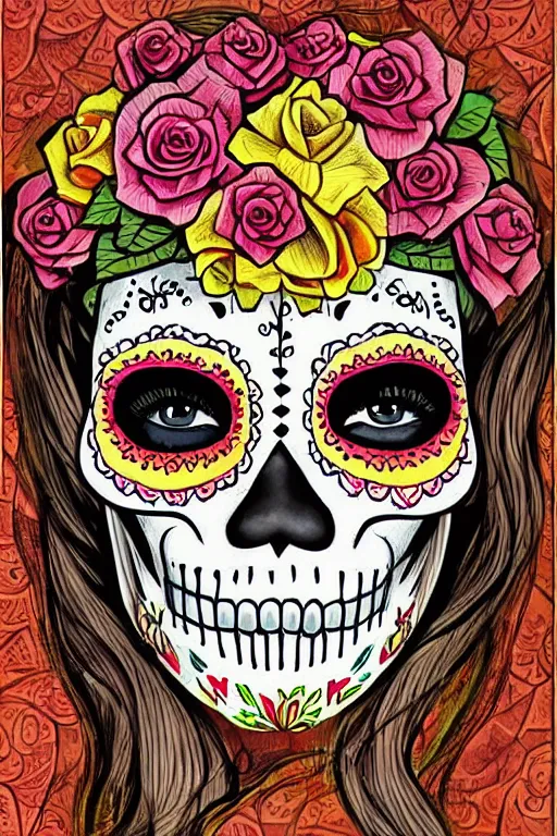 Image similar to Illustration of a sugar skull day of the dead girl, art by robert hubert