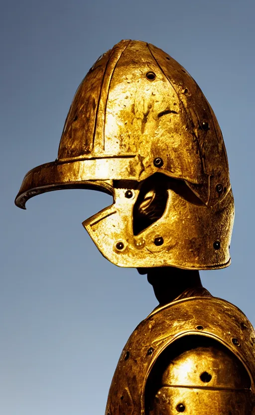 Image similar to a warrior wearing a hoplite helmet, museum photography, closeup, bokeh, golden hour
