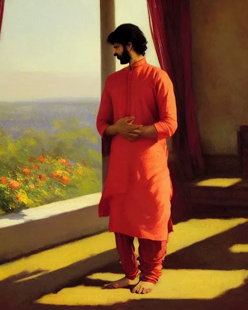 Image similar to a guy in a kurta waiting for his love to come, holding roses, art by greg rutkowski, gustave courbet, rosa bonheur, edward hopper. faithfully depicted facial expression, perfect anatomy, sharp focus, global illumination, radiant light, detailed and intricate environment, trending on artstation