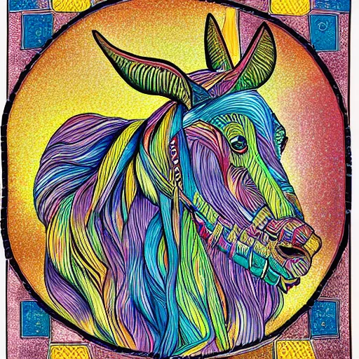 Image similar to a mule in the style of alex grey