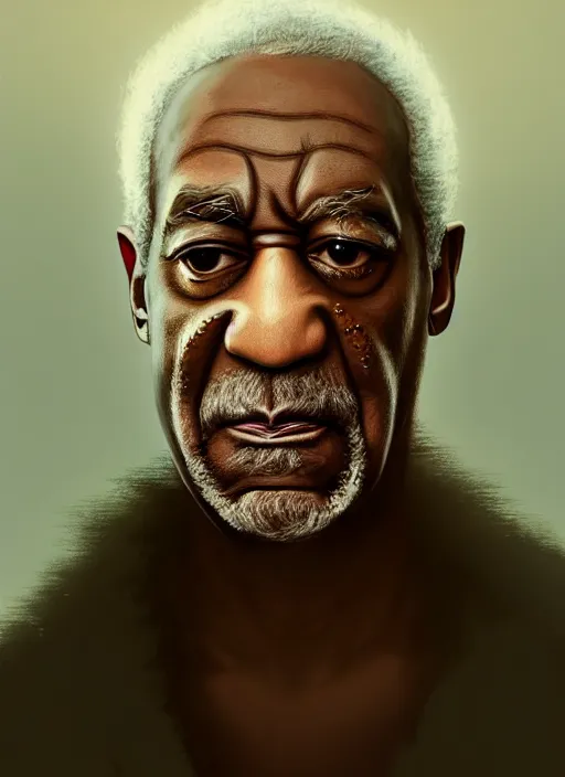 Prompt: Half-body portrait of a beautiful bill cosby with blonde hair and luminous aura. In style of Hyung-tae Kim and Greg Rutkowski, concept art, trending on ArtStation, Korean MMORPG, over-detailed art, 8K, epic, dynamic lightning, dramatic pose.