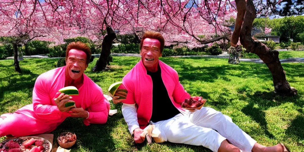 Prompt: photo, arnold schwarzenegger eats watermelon, japanese kimono, under sakura tree