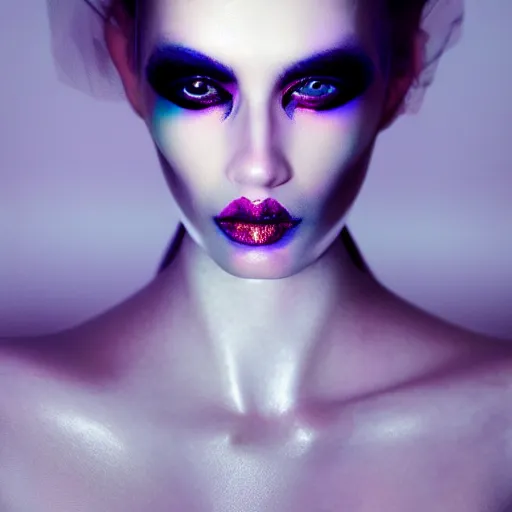 Image similar to high fashion photography of a model in neo futurism white sci - fi makup, transparent cloth, beautifully lit