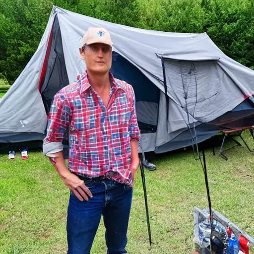 Image similar to a man who is a combination of woody Harrelson and Mathew McConaughey is wearing a red bandana and trying to sell you a tent trailer