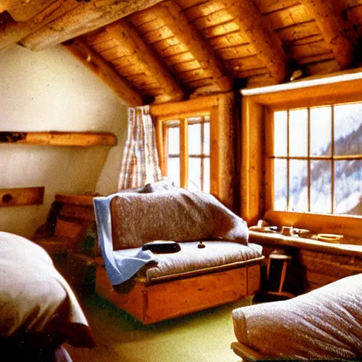 Image similar to a 3 5 mm kodachrome photo of a cozy cabin in the swiss alps in the 1 9 5 0's