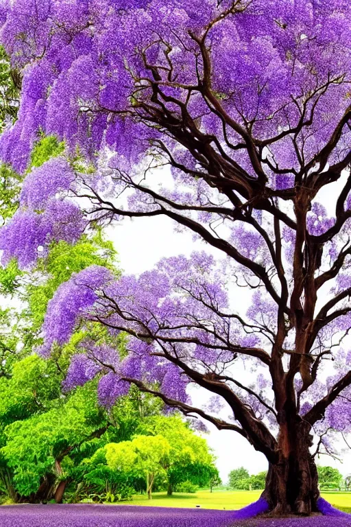 Image similar to huge world jacaranda tree with purple colored flowers, + lightning bolt, + antique,