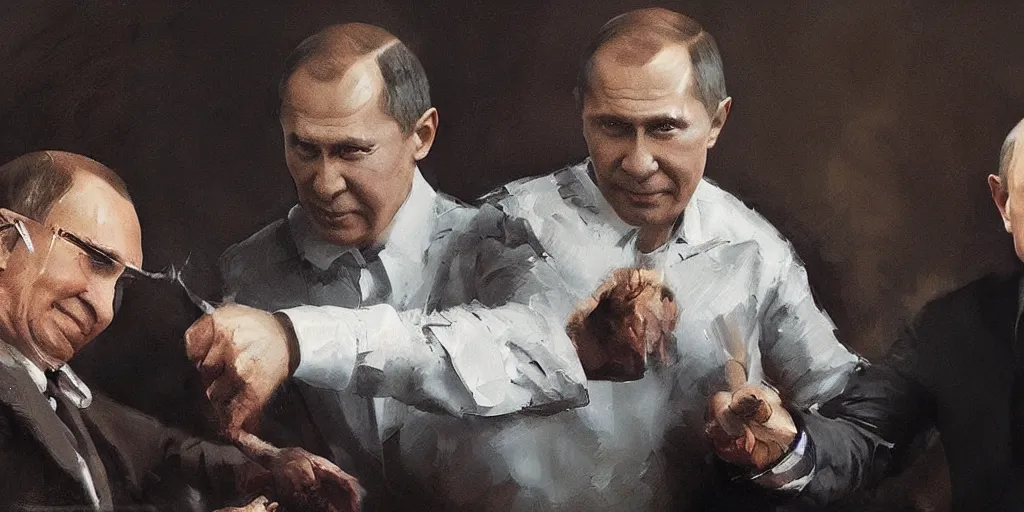 Image similar to picture vladimir putin play with serghei lavrov as a puppet marionete, painting by greg rutkowski