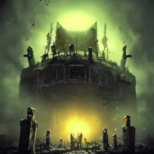 Image similar to ! dream hundreds of glowing skulls hovering over the ground of a post - apocalyptic city, dark, horror, high detail, cinematic lighting