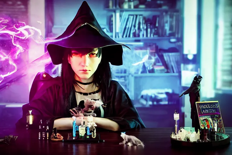 Image similar to close up photo, dramatic lighting, concentration, calm confident cyberpunk teen witch and her cat, tarot cards displayed on the table in front of her, sage smoke, magic wand, a witch hat and cape, apothecary shelves in the background, by yoji shinkawa neon