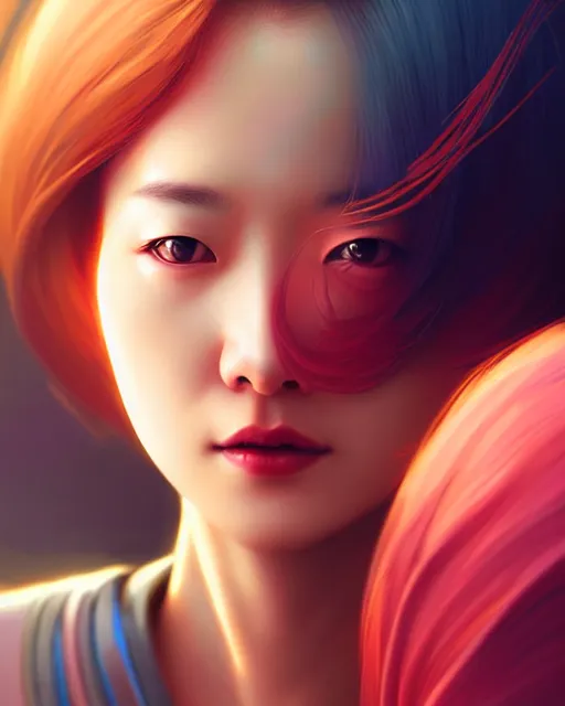 Image similar to kim hyun joo as an android, rose hair, highly detailed, cinematic, illuminated, sunny, beautiful girl, advanced technology, futuristic, digital painting by ilya kuvshinov, akiko takase, eugene gottsnake, stanislav istratov and su fu and antoine collignon