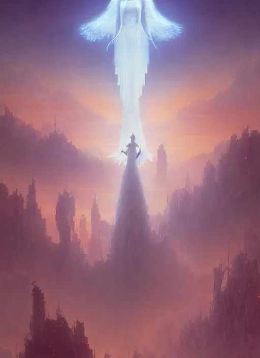 Image similar to giant white glowing angel rising above foggy city by wayne barlowe, wes anderson, roger dean, mikalojus konstantinas ciurlionis and wadim kashin, rich moody colours, 90-s anime, ethereal, lo-fi retro videogame