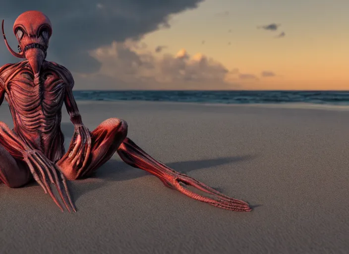 Prompt: symmetrical - face!!! a xenomorph alien relaxing on a beach in jamaica, cinematic lighting, sunset, 8 k - resolution!!, hyperrealism, national geographic, award winning, artstation, unreal engine 5, octane, redshift