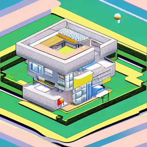 Image similar to isometric view of a moden retro futuristic home by Chiho Aoshima