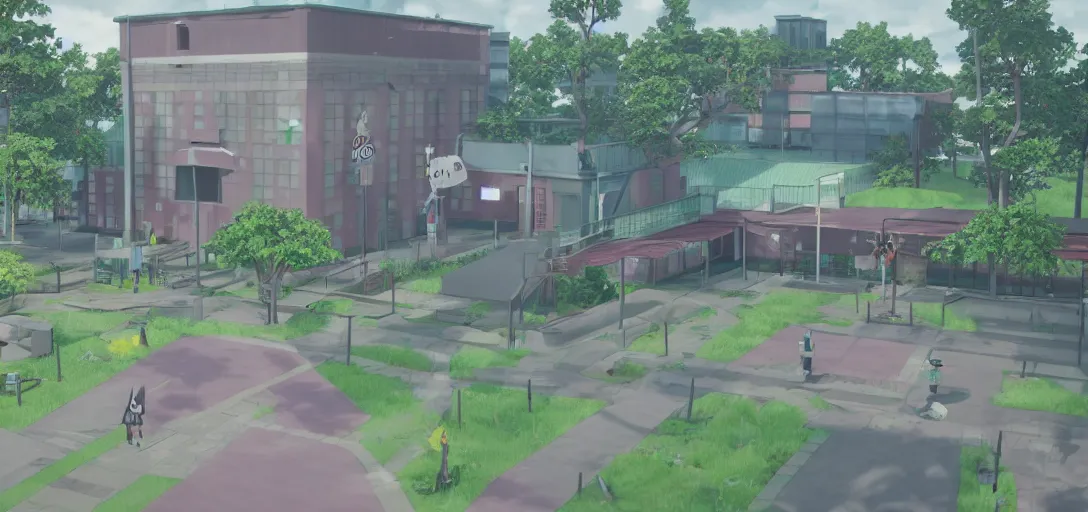 Image similar to Look of Danganronpa school exterior, full daylight, morning, cartoon moody scene, made in blender, 8k, colorful details of lush nature and despair