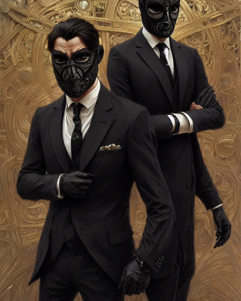 Image similar to ultra realistic illustration, a male with black mask, suit and tie, intricate, elegant, highly detailed, digital painting, artstation, concept art, smooth, sharp focus, illustration, art by artgerm and greg rutkowski and alphonse mucha