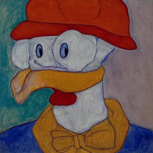 Image similar to portrait of Donald Duck by Egon Schiele, oil on canvas, masterpiece, realism, piercing gaze