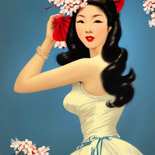 Image similar to pin - up portrait of a beautiful young traditional korean woman, pretty long hair, cherry blossoms, intense flirting, showing curves, symmetrical face, digital art, smooth, extremely detailed, model pose, intense look, dream, gorgeous young model, traditional beauty, pretty, by wu bayard, by gil elvgren, by ralph horsley, by hanks steve