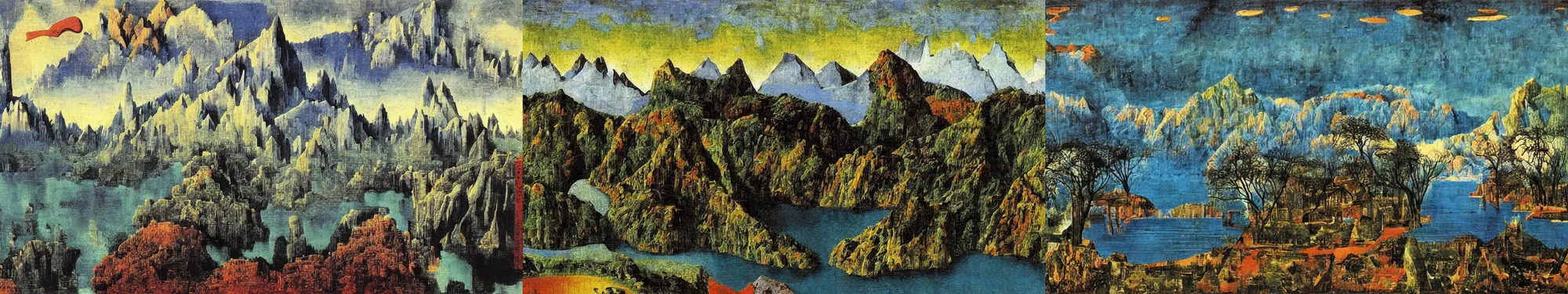 Prompt: lakeside mountains, by max ernst