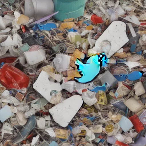 Prompt: a pile of trash in the form of the twitter logo, digital painting, hyperrealist,