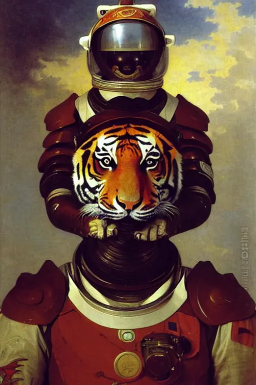 Image similar to portrait of a tiger astronaut with chinese dragon armor and helmet, majestic, solemn, by bouguereau