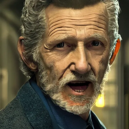 Image similar to tom holland as a rough dirty old man with a scruffy beard in a dark blue trenchcoat as the new doctor who, cinematic, volumetric lighting, f 8 aperture, cinematic eastman 5 3 8 4 film, photorealistic