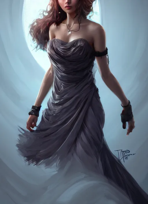 Image similar to beautiful fashion goddness, strapless dress, character portrait in the style of thomas river and artgerm, wlop, cinematic lighting, hyperdetailed, 8 k realistic, symmetrical, global illumination, radiant light, halo, love and mercy, frostbite 3 engine, cryengine, dof, trending on artstation, digital art, chanel