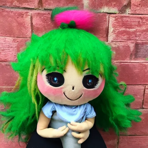 Image similar to a cute plush doll of a girl with green fire hair