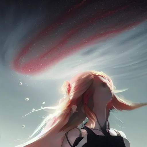 Prompt: highly detailed portrait of a hopeful young astronaut lady with a wavy white hair, by Dustin Nguyen, Akihiko Yoshida, Greg Tocchini, Greg Rutkowski, Cliff Chiang, 4k resolution, nier:automata inspired, bravely default inspired, vibrant but dreary but upflifting red, black and white color scheme!!! ((violent black hole nebula thunderstorm background)),