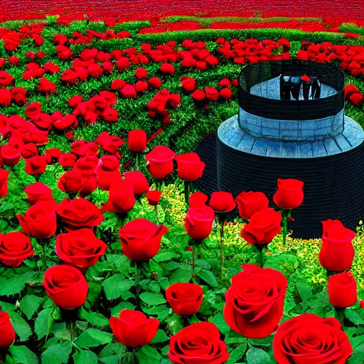 Prompt: photo of a beautiful field of roses with a dark tower in the center. golden hour. photorealism. 4 k. national geographic. dof