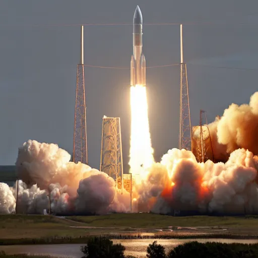 Prompt: a photo of the launch of the space launch system rocket, sls launch, dslr, launch photo